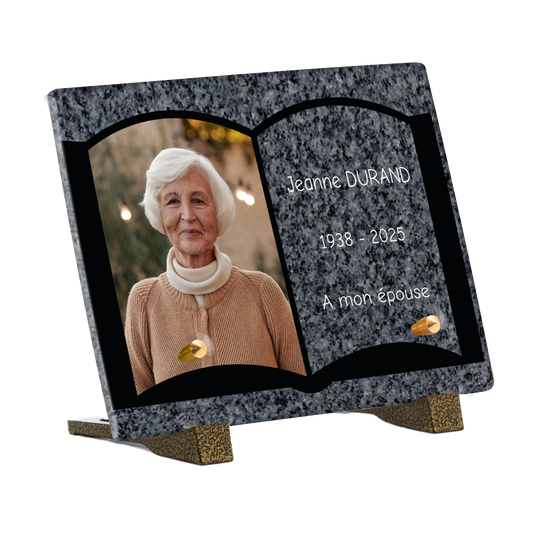 Plaque Funéraire - Livre granit gris