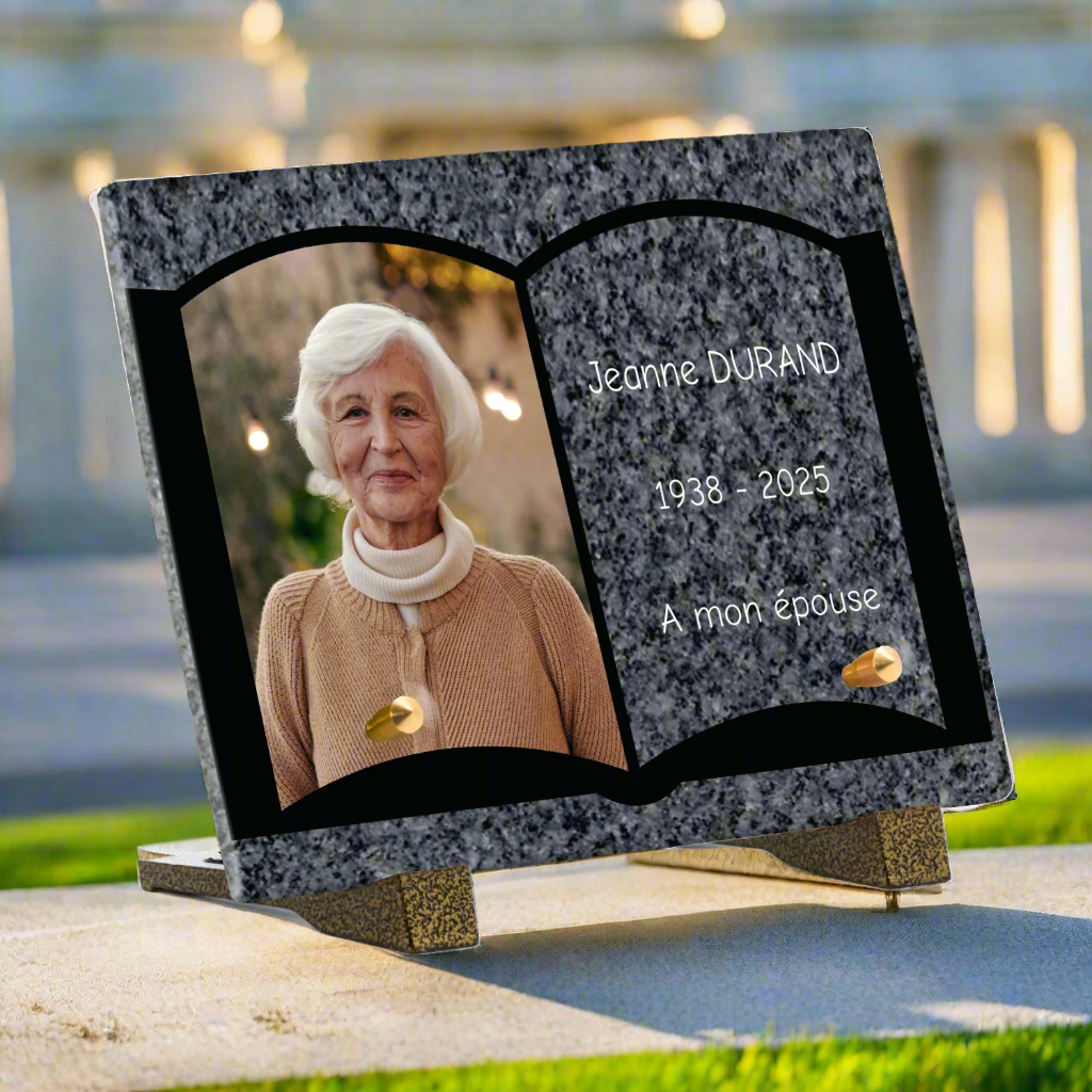 Plaque funéraire plexiglass livre ganit gris