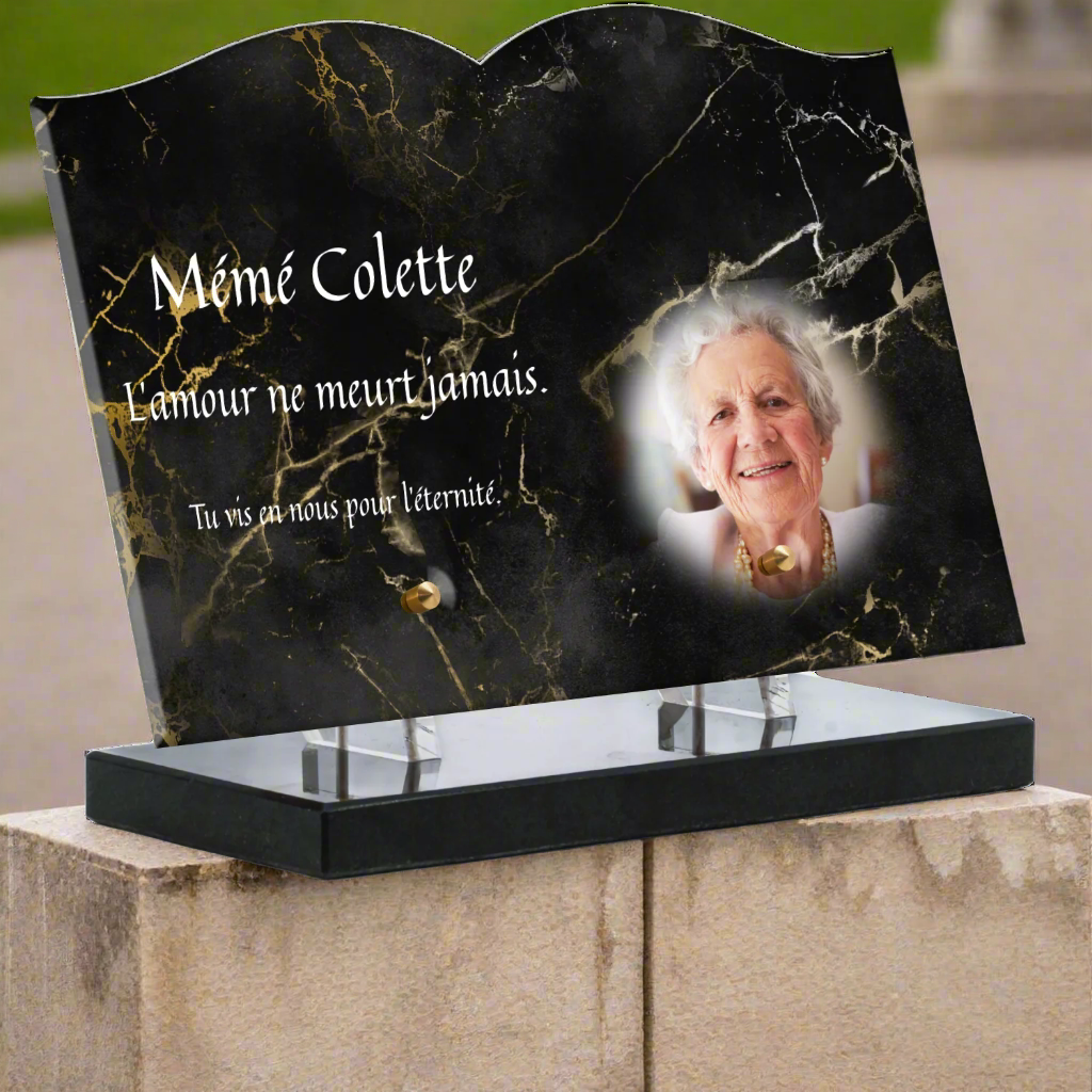 Plaque funéraire plexiglas marbre noir et doré