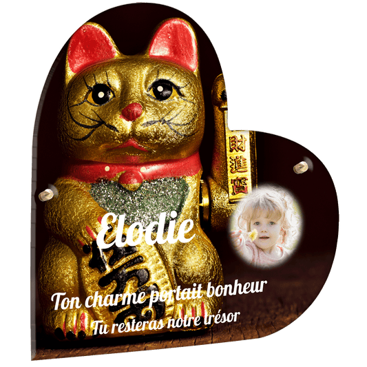 Plaque funéraire - Chat de la Chance doré