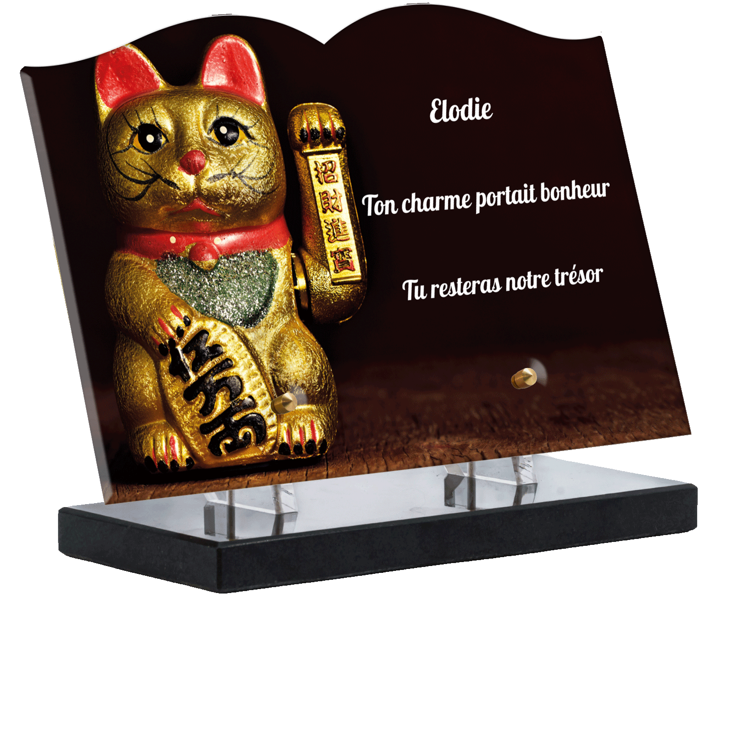 Plaque funéraire - Chat de la Chance doré
