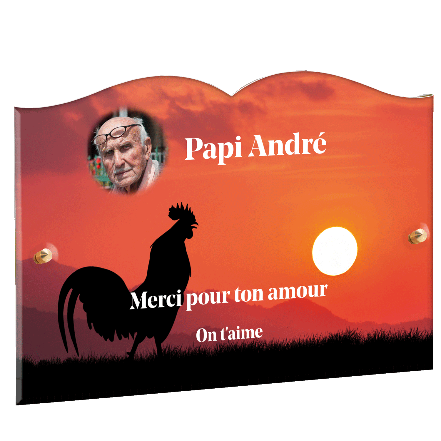 Plaque funéraire - Coq et coucher de soleil
