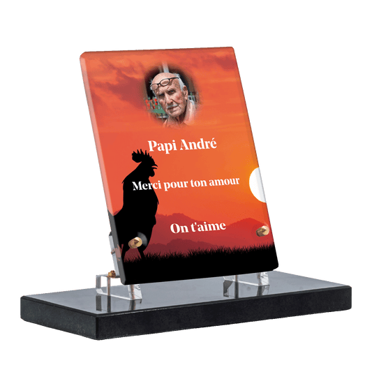 Plaque funéraire - Coq et coucher de soleil