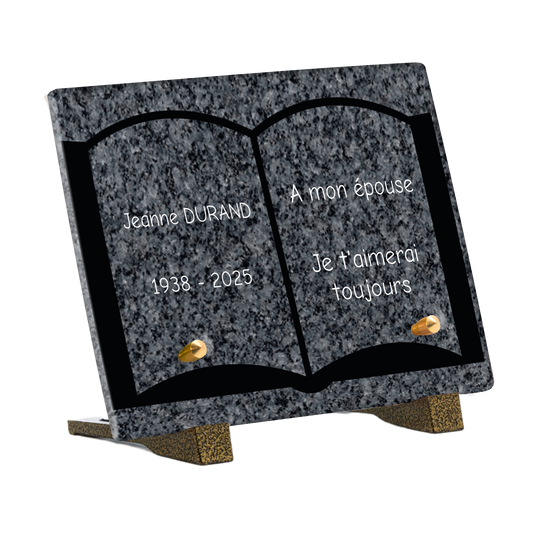 Plaque Funéraire - Livre granit gris