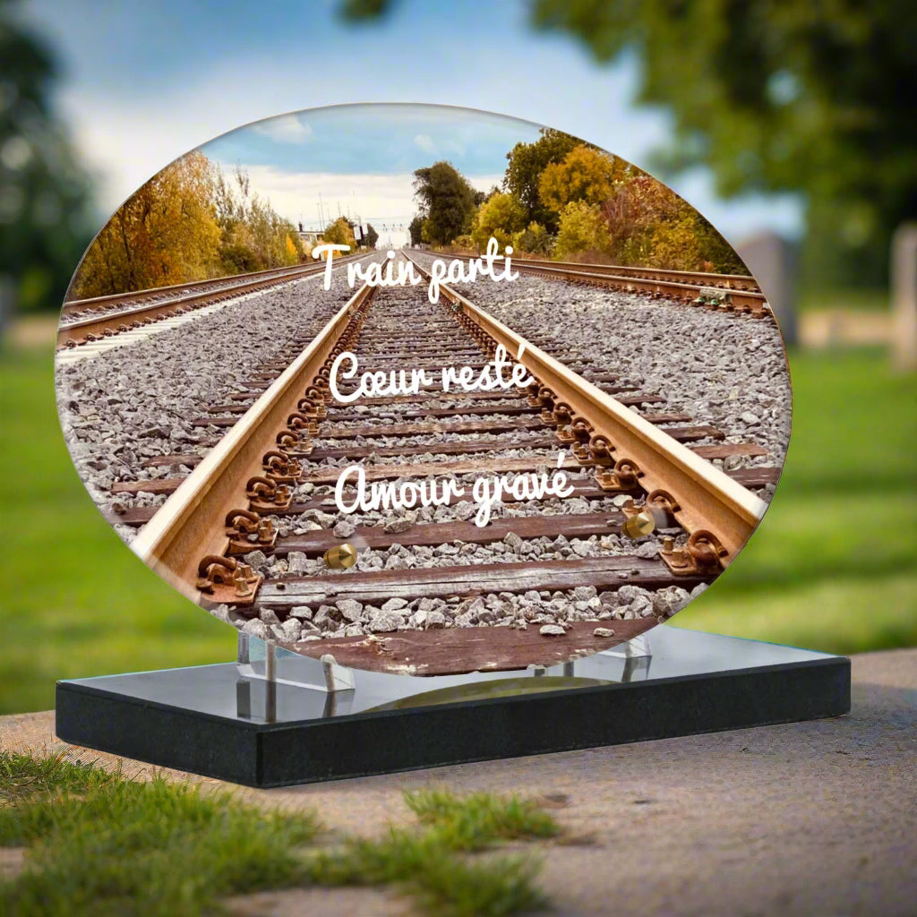 Plaque funéraire plexiglas rail de train