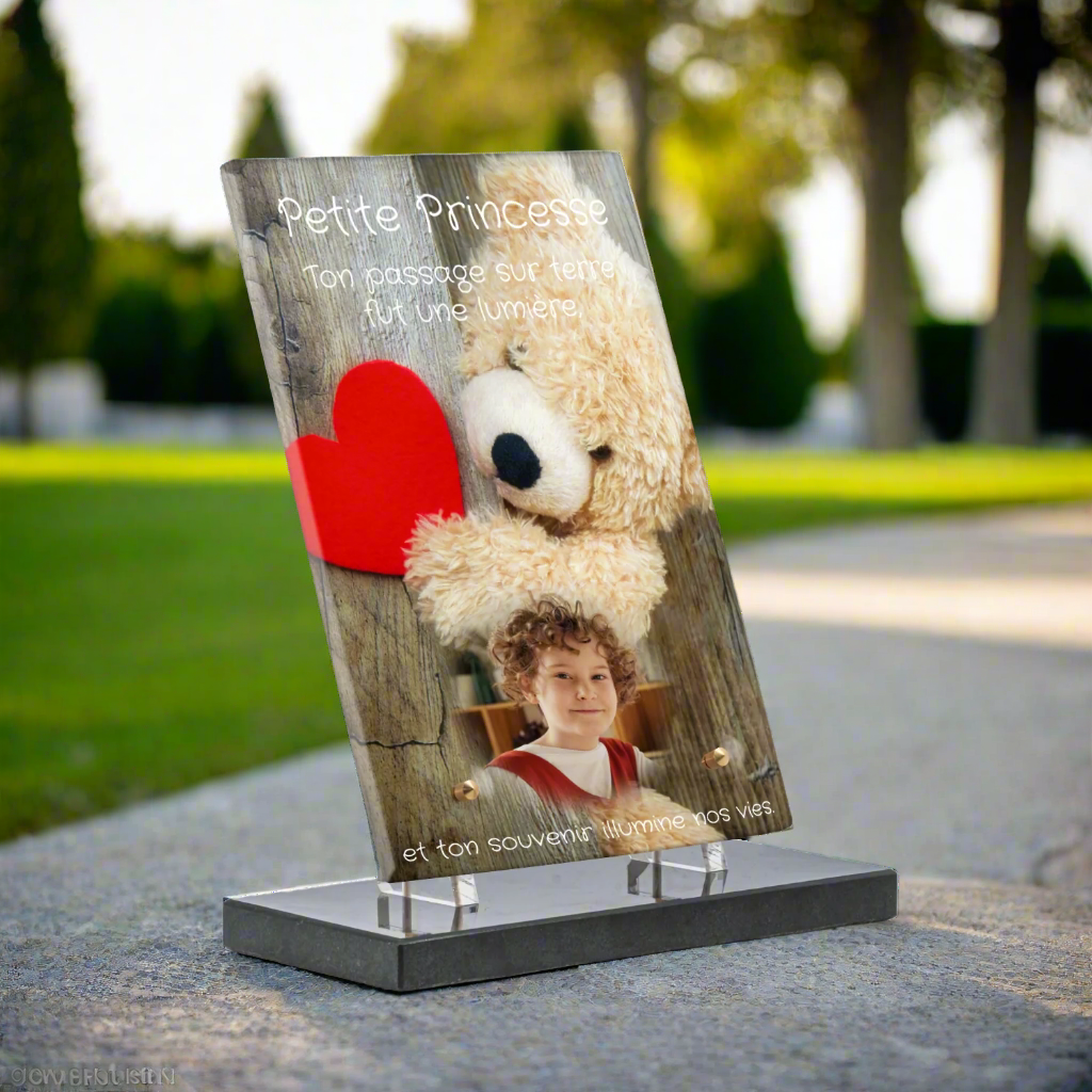 Plaque funéraire plexiglas enfant peluche